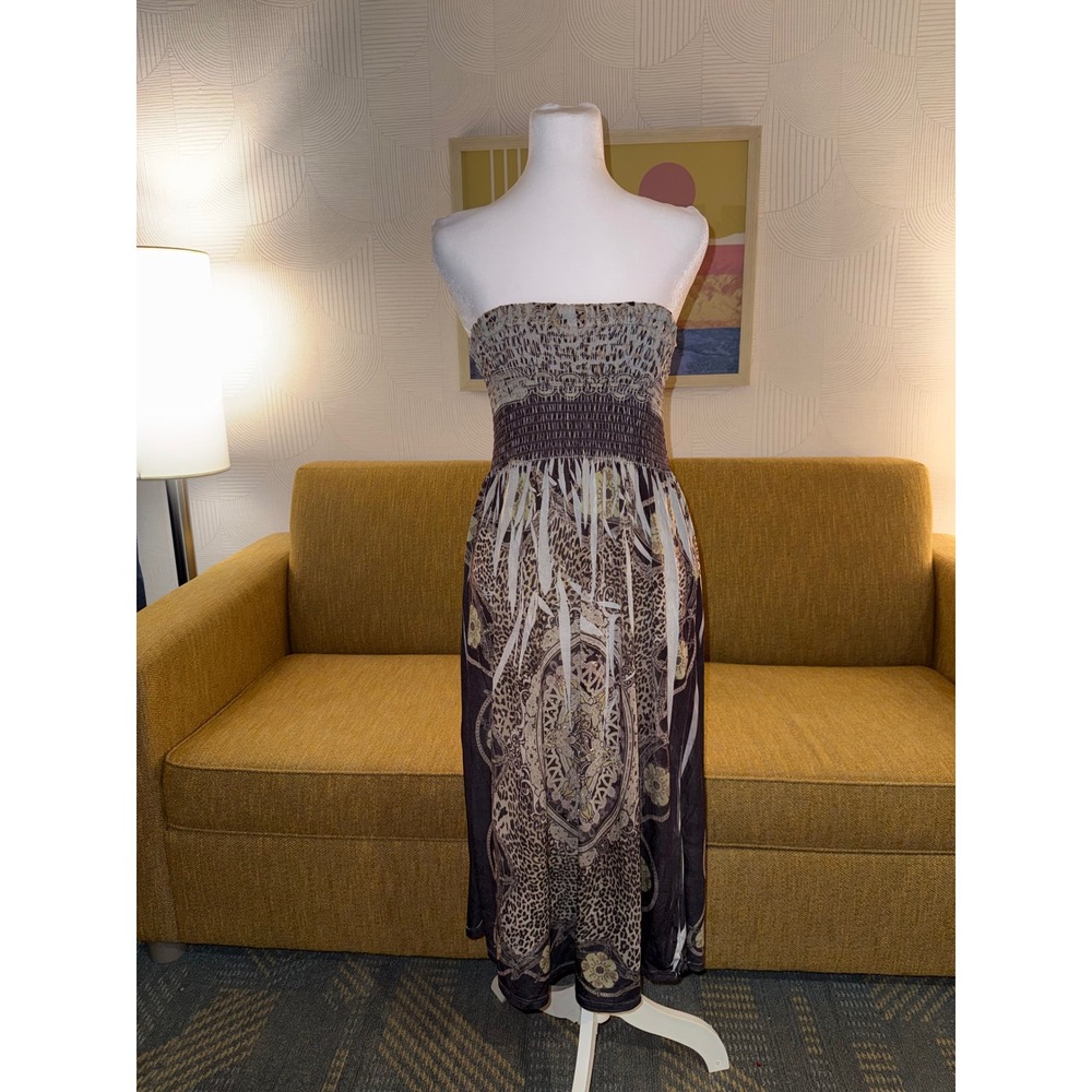 Christina Love Rock & Roses Leopard Medallion Smocked Tube Dress/Skirt Brown